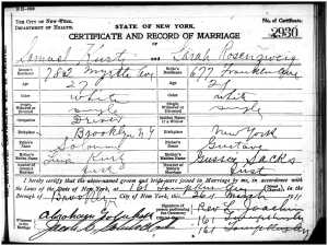 Sarah Rosenzweig and Samuel Kurtz marriage certificate