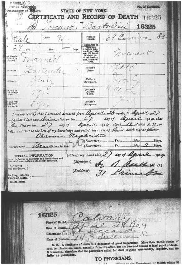 Toscano Bartolini death certificate