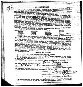 Gussie Rosenzweig Death certificate 1935
