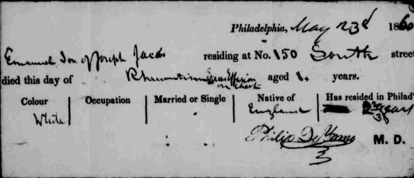 Emanuel Jacobs death certificate May 3, 1860