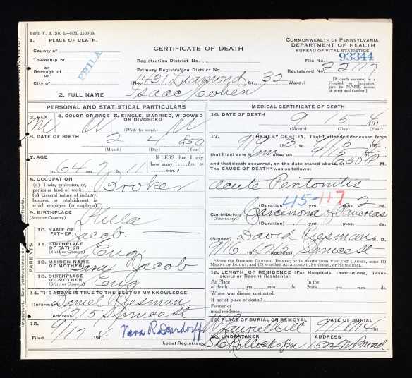 Isaac Cohen death certificate