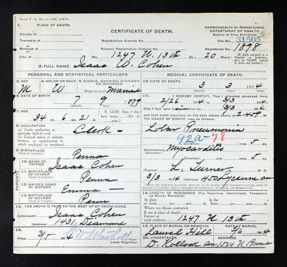 Isaac Wilbert Cohen death certificate