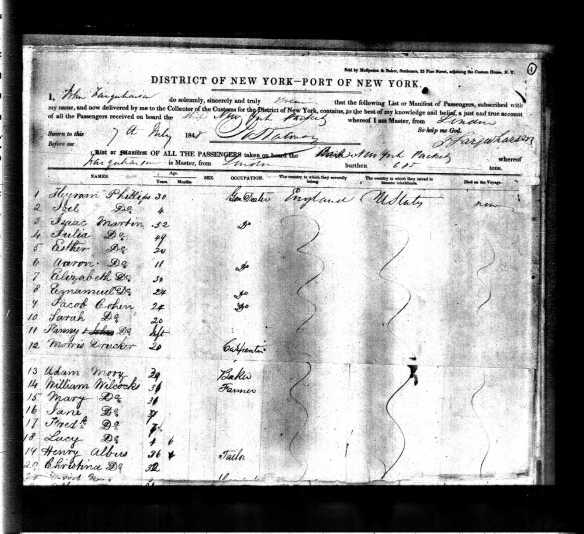 Jacob and Sarah Cohen ship manifest 1848