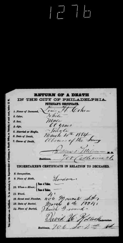 Lewis Cohen death certificate 1884