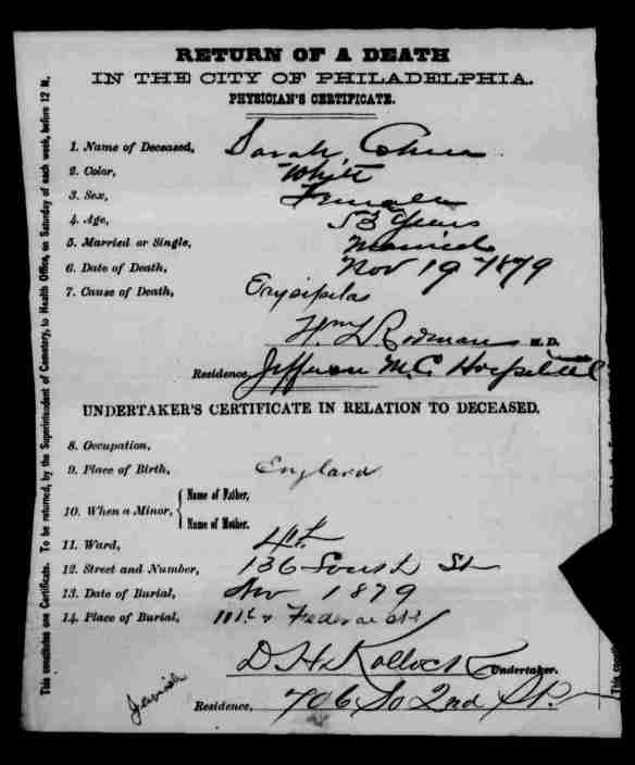Sarah Jacobs Cohen death certificate 1879