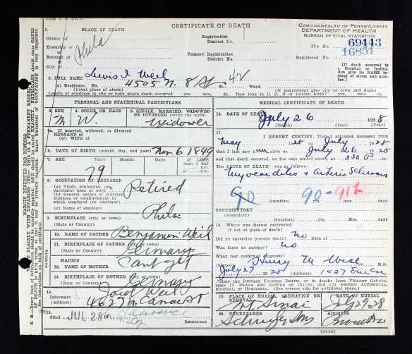 Lewis Weil death certificate 1925