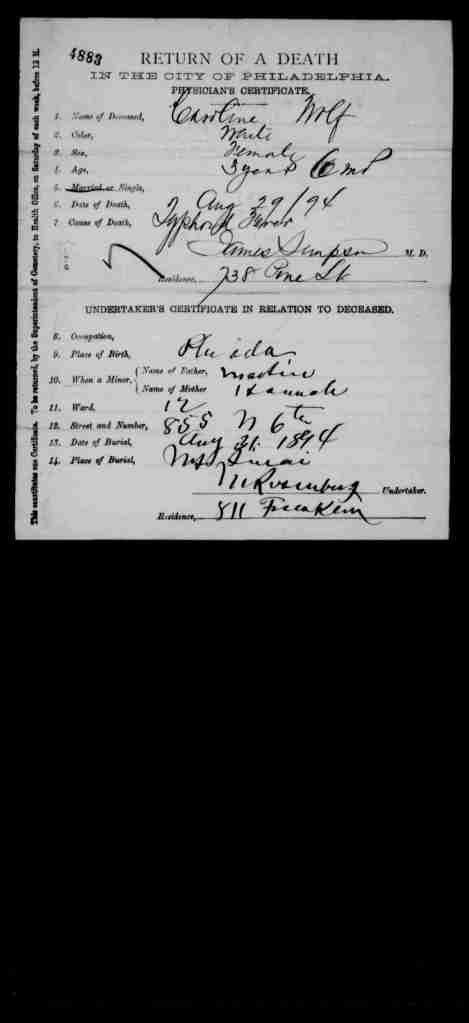 Caroline Wolf death certificate 1894