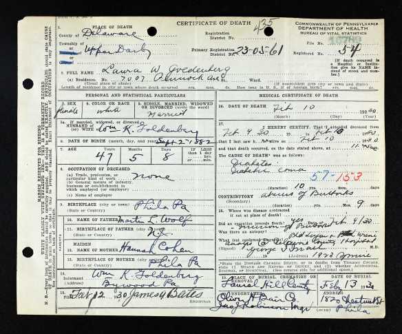 Laura Wolf Goldenberg death certificate 1930