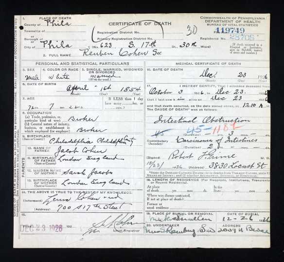 Reuben Cohen, Sr. death certificate 1926
