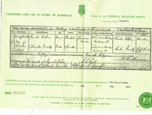 Jacob Cohen and Sarah Jacobs marriage certificate