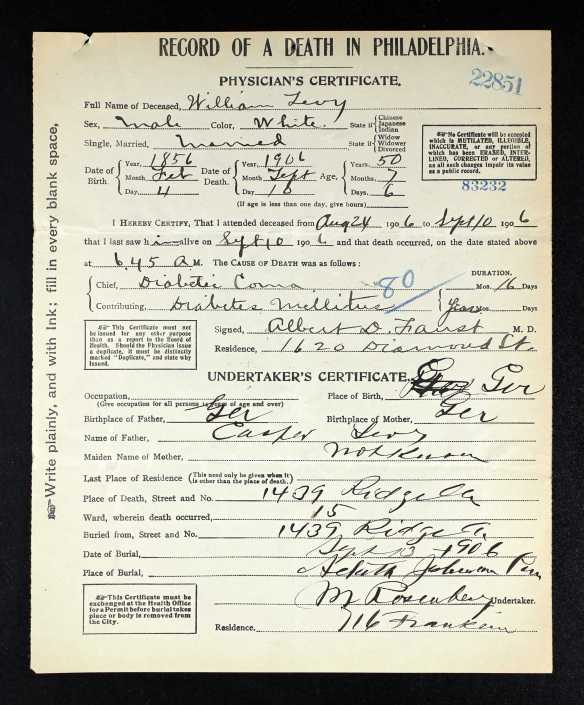 William Levy death certificate 1906