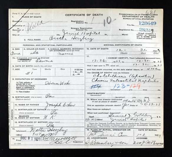 Bertha Cohen Herzberg death certificate