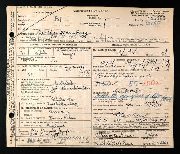 Bertha Hamberg death certificate