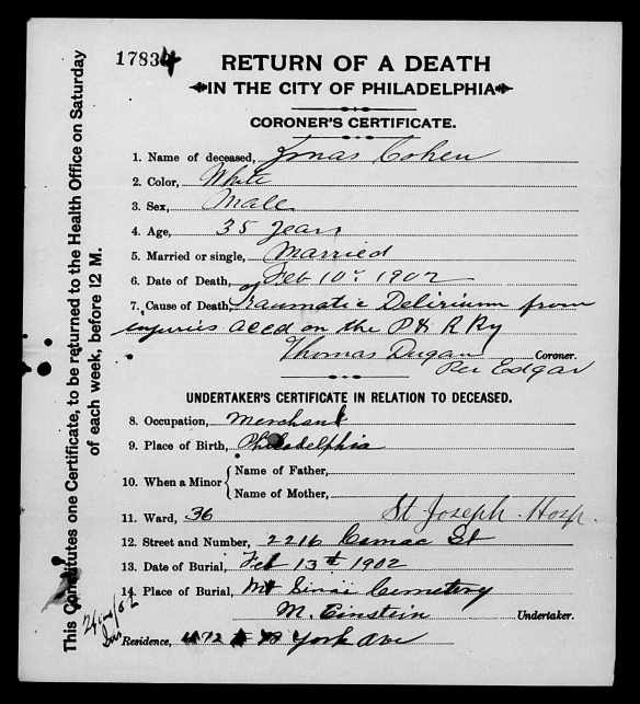 Jonas Cohen death certificate 1902