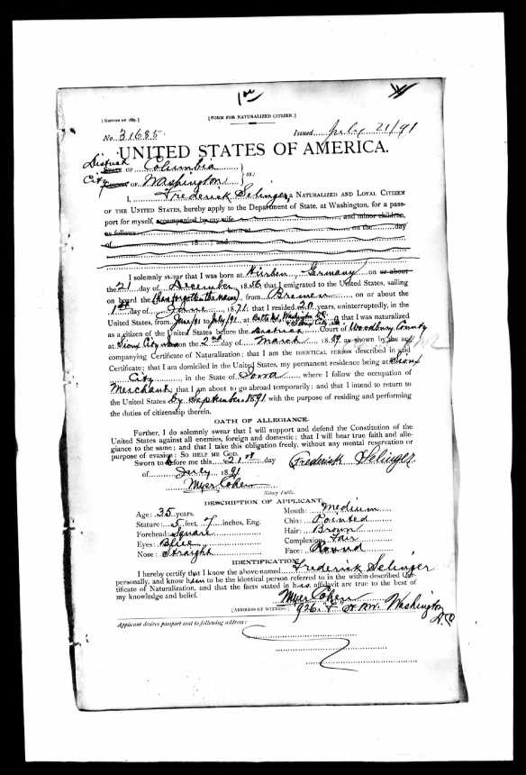 Frederick Selinger passport application 1891