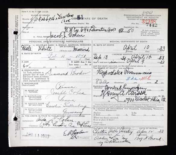 Jacob J Cohen death certificate