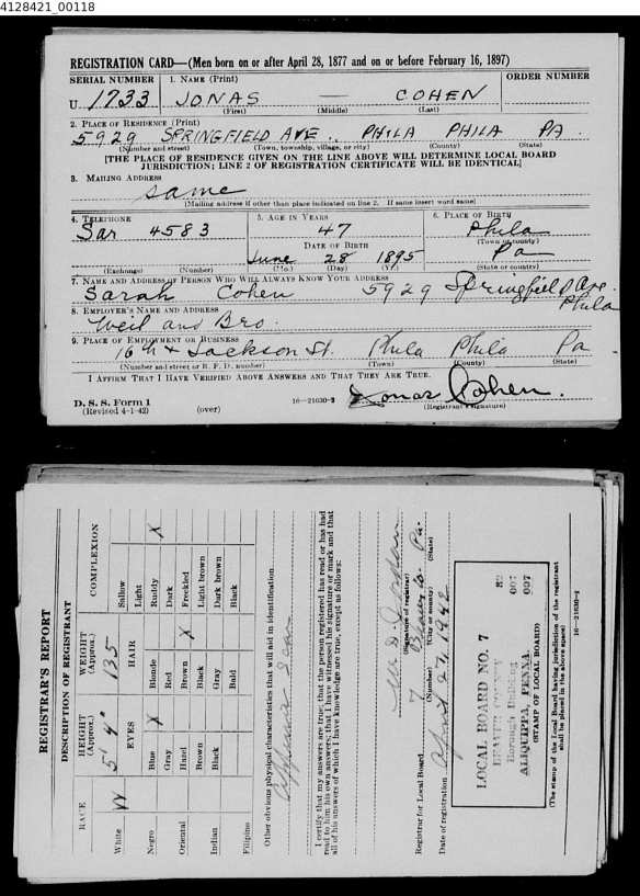 Jonas Cohen, Jr. World War II draft registraiton