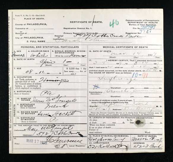 Sallie McGonigal Cohen death certificate 1919