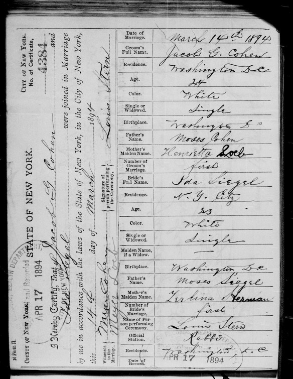 Jacob G. Cohen and Ida Siegel marriage certificate