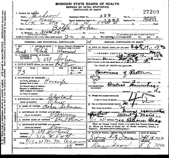 Belle Lehman Cohen death certificate