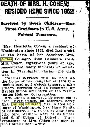 Henrietta Loeb Cohen obituary March 21, 1918