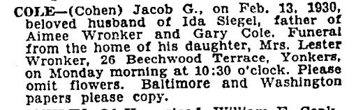 Jacob Cole death notice