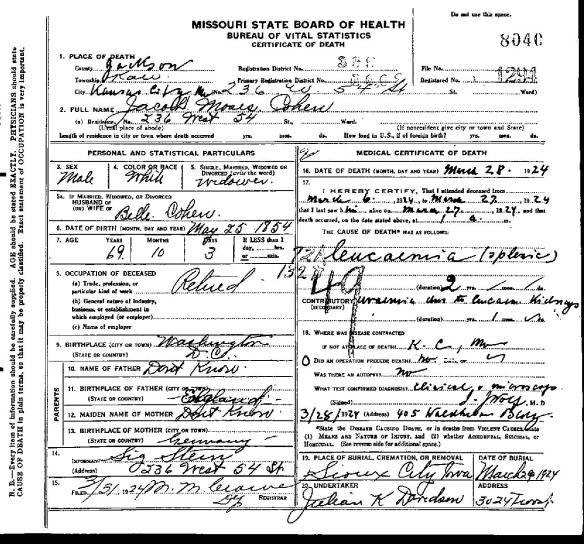 JM Cohen death certificate