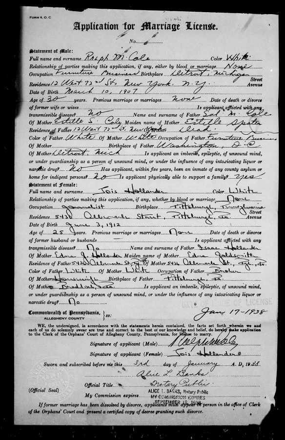 Ralph Cole and Lois Hollander marriage license