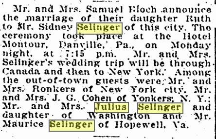 Sydney and Grace Selinger marriage announcement 1917