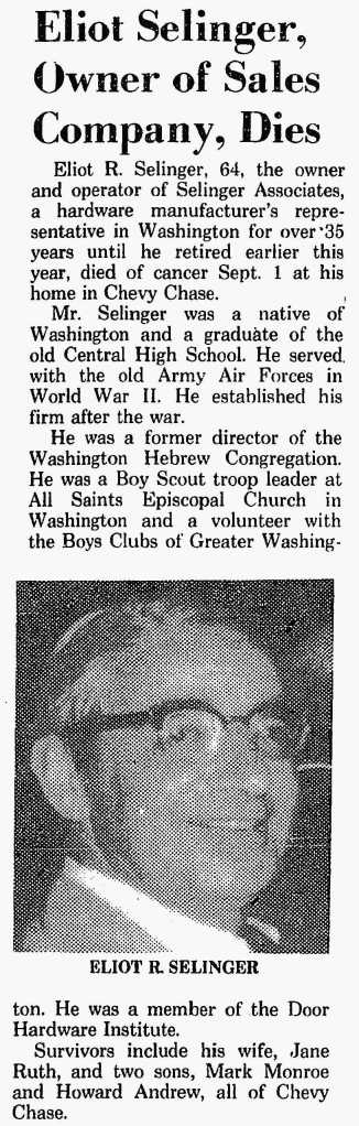 Eliot Selinger obit 1982