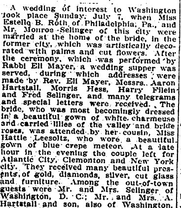 Monroe Selinger wedding 1912 evening Star July 10, p. 7