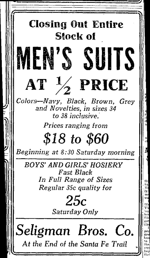 Seligman Bros ad May 5, 1922 Santa Fe New Mexican