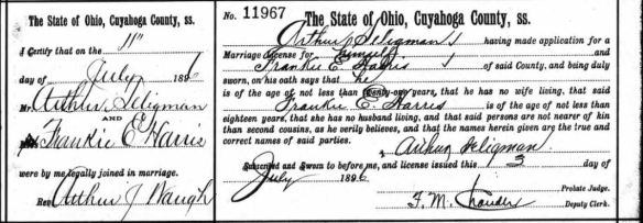 Marriage certificate of Arthur Seligman and Frankie E. Harris 