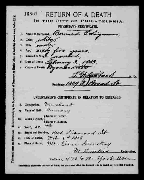 Bernard Seligman death certificate
