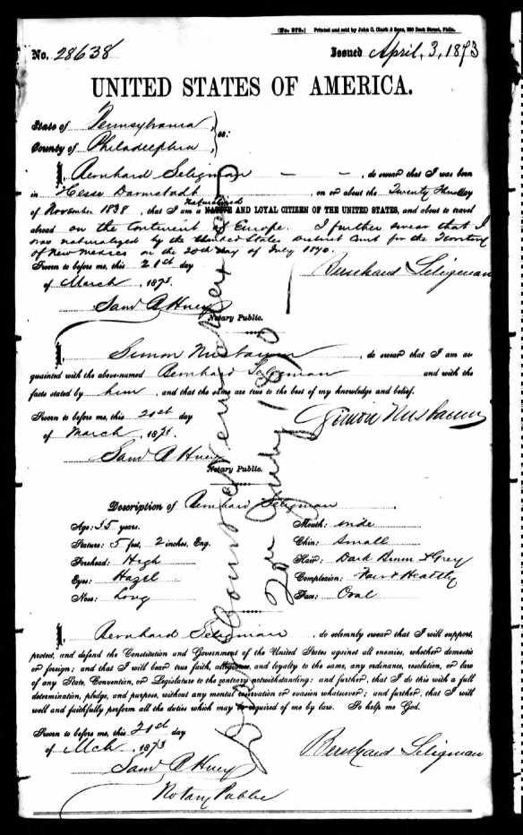 Bernard Seligman passport application 1873