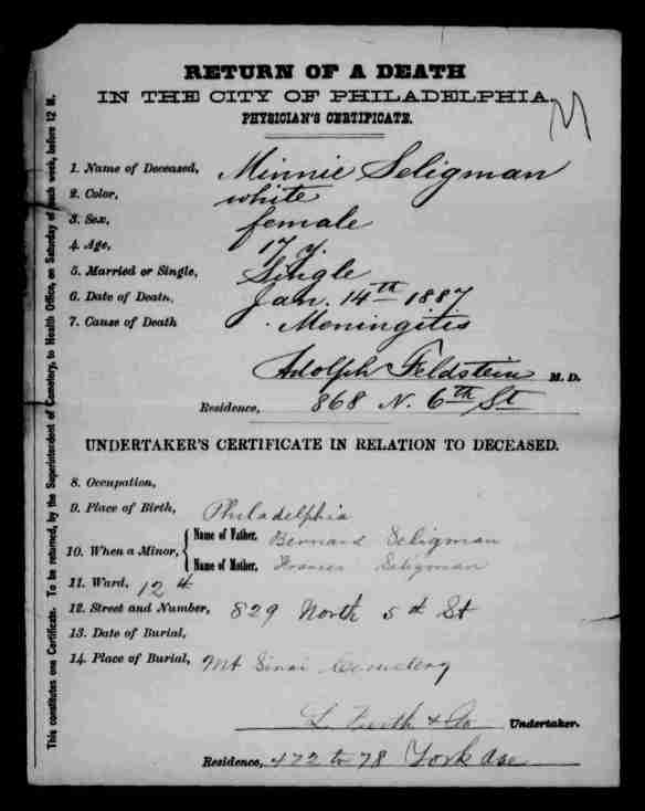 Minnie Seligman death certificate 1887