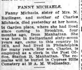 Fanny Michaels death notice Brooklyn Eagle 1913