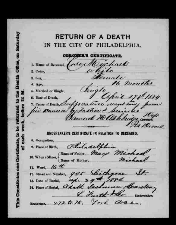 Rose Michael death certificate 1884
