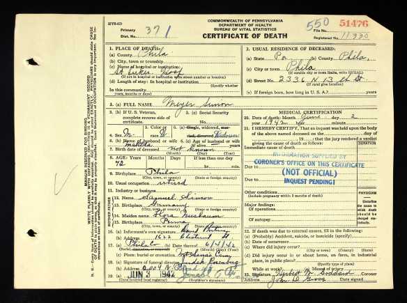 meyer simon death cert pre inquest