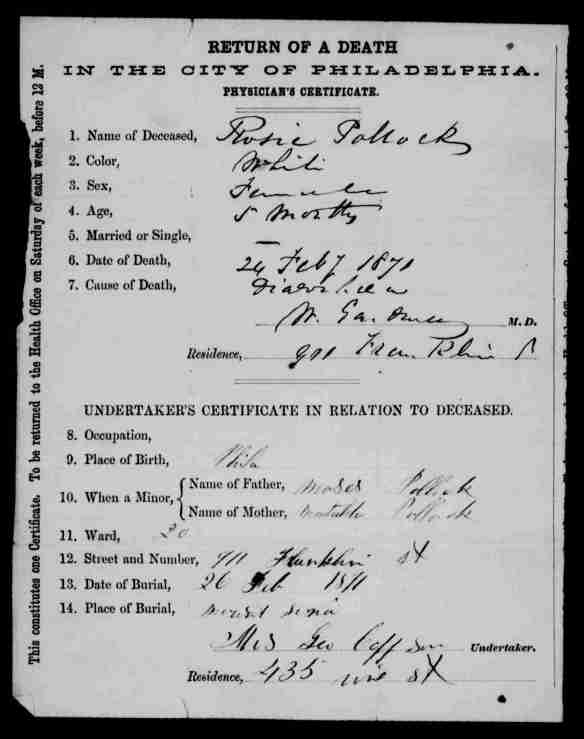 Rosie Pollock daughter of Moses and Mathilde death cert 1871