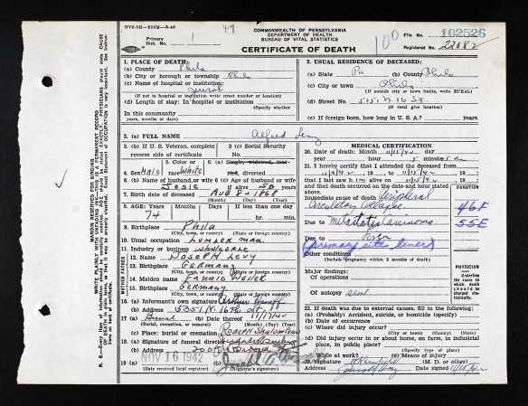Ancestry.com. Pennsylvania, Death Certificates, 1906-1963 [database on-line]. Provo, UT, USA: Ancestry.com Operations, Inc., 2014. Original data: Pennsylvania (State). Death certificates, 1906–1963. Series 11.90 (1,905 cartons). Records of the Pennsylvania Department of Health, Record Group 11. Pennsylvania Historical and Museum Commission, Harrisburg, Pennsylvania