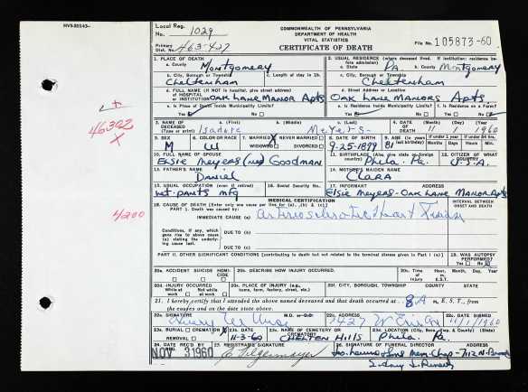 Isadore Meyers death cert