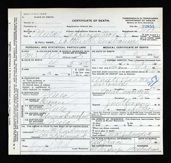 Ancestry.com. Pennsylvania, Death Certificates, 1906-1963 [database on-line]. Provo, UT, USA: Ancestry.com Operations, Inc., 2014. Original data: Pennsylvania (State). Death certificates, 1906–1963. Series 11.90 (1,905 cartons). Records of the Pennsylvania Department of Health, Record Group 11. Pennsylvania Historical and Museum Commission, Harrisburg, Pennsylvania.