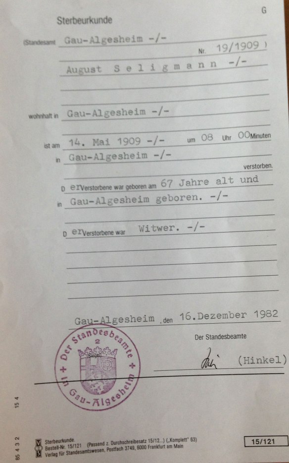 August Seligmann death certificate