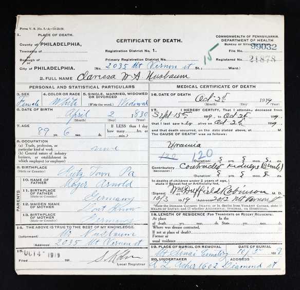 Ancestry.com. Pennsylvania, Death Certificates, 1906-1963 [database on-line]. Provo, UT, USA: Ancestry.com Operations, Inc., 2014. Original data: Pennsylvania (State). Death certificates, 1906–1963. Series 11.90 (1,905 cartons). Records of the Pennsylvania Department of Health, Record Group 11. Pennsylvania Historical and Museum Commission, Harrisburg, Pennsylvania.