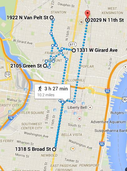 https://www.google.com/maps/dir/1331+W+Girard+Ave,+Philadelphia,+PA+19122/2105+Green+St,+Philadelphia,+PA+19130/1922+N+Van+Pelt+St,+Philadelphia,+PA+19121/1318+S+Broad+St,+Philadelphia,+PA+19146/2029+N+11th+St,+Philadelphia,+PA+19122/@39.958776,-75.1990646,13z/data=!3m1!4b1!4m32!4m31!1m5!1m1!1s0x89c6c7d9093b1455:0xd2e417574e28e6f8!2m2!1d-75.158456!2d39.9713994!1m5!1m1!1s0x89c6c7c957ff38e1:0xf1de557b33a28e8a!2m2!1d-75.172772!2d39.965479!1m5!1m1!1s0x89c6c7e918aa1c93:0x58e373d3daee660f!2m2!1d-75.169517!2d39.983874!1m5!1m1!1s0x89c6c610c3002911:0x44b2fc5106c8982c!2m2!1d-75.168228!2d39.933618!1m5!1m1!1s0x89c6c80979028863:0x2f2b78b7568491d8!2m2!1d-75.151494!2d39.9829455!3e2