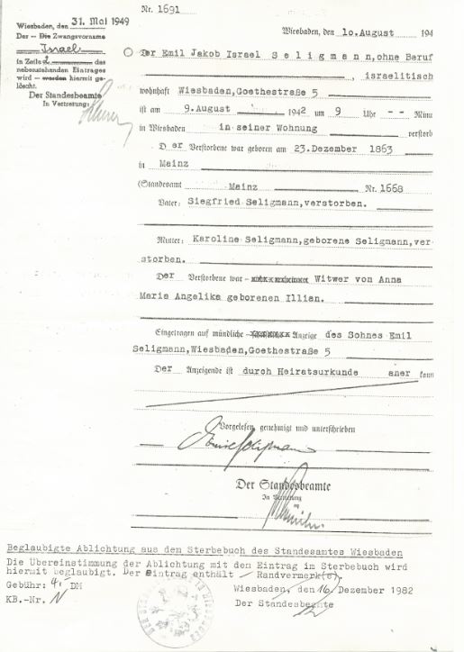 Death record of Emil Seligmann, husband of Carolina Seligmann