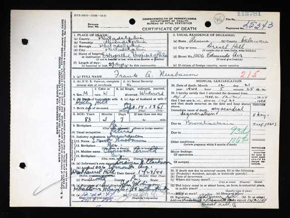 Ancestry.com. Pennsylvania, Death Certificates, 1906-1963 [database on-line]. Provo, UT, USA: Ancestry.com Operations, Inc., 2014. Original data: Pennsylvania (State). Death certificates, 1906–1963. Series 11.90 (1,905 cartons). Records of the Pennsylvania Department of Health, Record Group 11. Pennsylvania Historical and Museum Commission, Harrisburg, Pennsylvania.