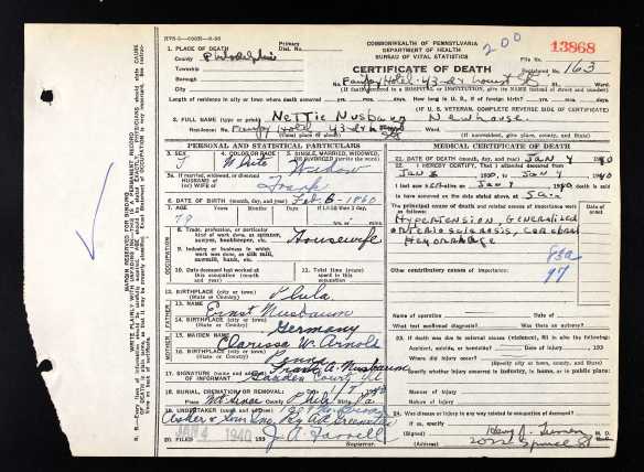 Ancestry.com. Pennsylvania, Death Certificates, 1906-1963 [database on-line]. Provo, UT, USA: Ancestry.com Operations, Inc., 2014. Original data: Pennsylvania (State). Death certificates, 1906–1963. Series 11.90 (1,905 cartons). Records of the Pennsylvania Department of Health, Record Group 11. Pennsylvania Historical and Museum Commission, Harrisburg, Pennsylvania.