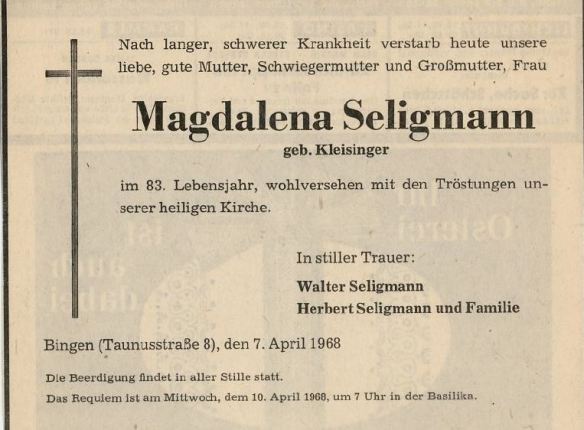 Magdalena Seligmann death notice